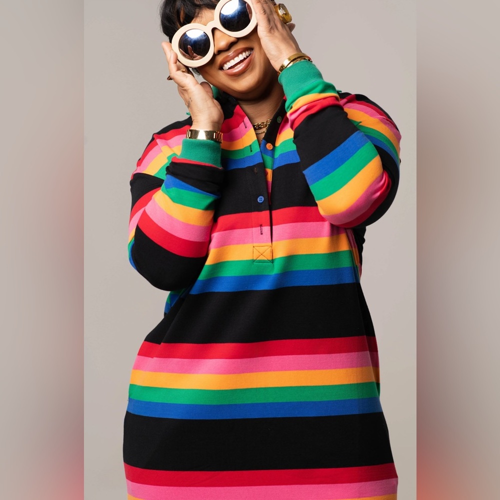 Vibrant Striped Long Sleeve Shirt Dress
Look At Photo About The Sizing